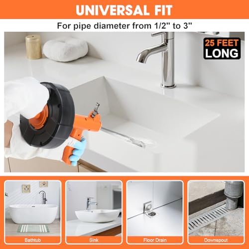Drain Snake, Auto Feed Plumbing Snake with Drill Adaptor, 25 Feet Drain Auger Tool Set Included Drain Clog Remover, Hair Clog Remover ＆ Cleaning Brush for Kitchen, Bathroom and Shower Sink with Gloves - Image 3
