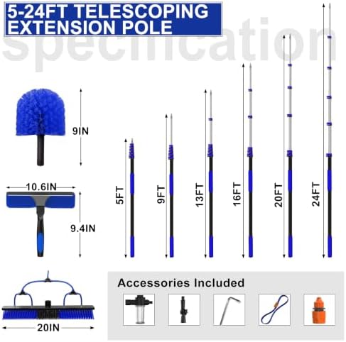 Buyplus 30FT Reach Solar Panel Cleaning Brush Kit with 5-24FT Telescoping Pole, Water Fed Window Cleaner Tool with 20" Brush, Soap Dispenser, Cobweb Duster, Squeegee for Roof, RV, Gutter, Deck,Blue - Image 3