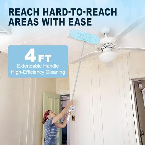 100Pcs Duster Refill Compatible with Swiffer Hand Duster +4FT Extended Handle +1 Handle, 360° Heavy Duty Duster Refills Kit for Cleaning, Office, Ceiling Fan, Baseboard & Blind - Image 5