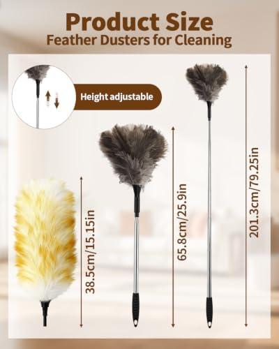 Extendable Ostrich Feather Duster with Bonus Wool Feather Duster Head - Natural Fluffy Non-Slip Handle Feathers Dusters for Cleaning Ceiling Fans, Blinds, Roof Dusting, High Surfaces (18-48 in) - Image 2