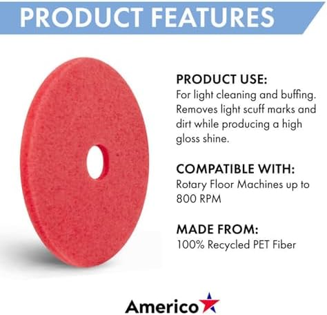 Americo Red Buffer Floor Pad, For Light Cleaning and Buffing, 14" Diameter, 3.25" Center Hole, 5 Pads/Case, Made of 100% Recycled Content, USA Made - Image 4