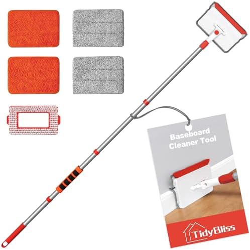 TidyBliss Baseboard Cleaner Tool with Handle, 55.9” Long Wall and Base Board Cleaning Mop, 4 Reusable Pads, 1 Stiff Bristle Scrubber Brush for Floorboard Ceiling Cabinet Window Bathroom Kitchen (Red) by TidyBliss