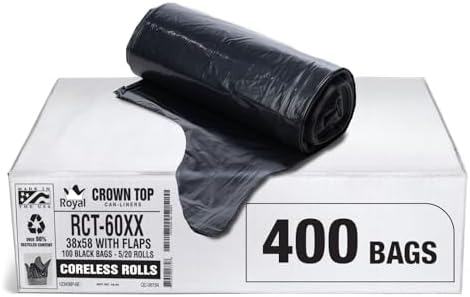 Aluf Plastics RCT-60XX Star Sealed Coreless Rolls with E-Z Tie Flap Closure, 60 gal, Polyethylene, 38" x 58", Black (Pack of 400) by AlufPlastics