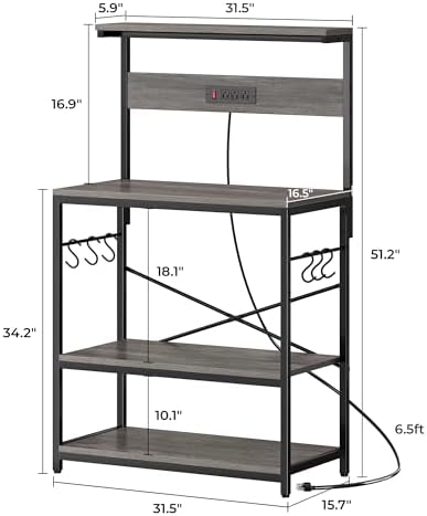 SUPERJARE Bakers Rack with Power Outlets, Microwave Stand, 31.5 X 16.5 Inch Larger Desktop, Kitchen Storage Rack with Adjustable Middle Shelf, 6 S-Shaped Hooks, Coffee Bar Stand, Grey - Image 7