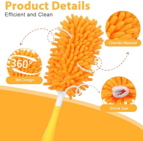 11-Pack Reusable Duster Kit – Heavy Duty Chenille Refills with Handle, 360° Microfiber Dusting for Home & Office (Orange) - Image 3