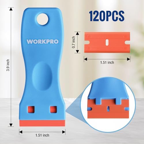 WORKPRO Plastic Razor Blade Scraper Kit, 3 Scrapers with 120 Blades - Image 3