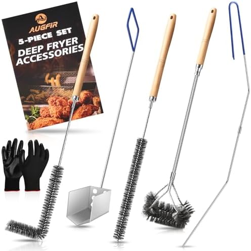 Fryer Cleaning Tool 5 Piece Set, Deep Fryer Basket Brush, Long Handle L-Shaped & Straight Crevice Cleaning Brush, Cleanout Rod Kit and V-Shaped Strainer Scoop for Restaurant, Kitchen Maintenance by AugFir