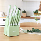hecef 15 Pieces Green Kitchen Knife Set, Built-in Sharpening Wooden Block - Image 5