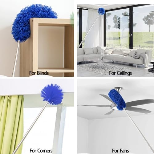 Cobweb Duster with Extension Pole, Ceiling Cob Web Cleaner Kit with 2 Duster Heads, 15-100 Inch Telescopic Microfiber Cleaning Duster, Long Corner Duster Tool for High Walls, Fans, Blinds Blue - Image 5
