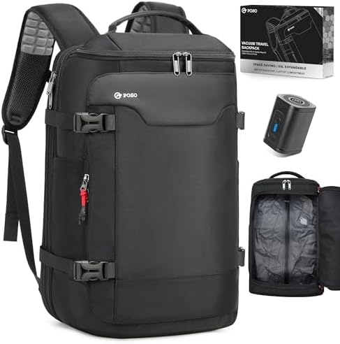 POSO Vacuum Backpack Travel, 60L Expandable Vacuum Seal Backpack with Pump & Laptop Compartment (Fits 17") by POSO