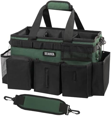 SCAVATA Wearable Cleaning Caddy Bag, Cleaning Caddy Supplies Organizer with Handle & Shoulder Straps for Housekeepers, Under Sink & Car Cleaning Tool Organizers with 4 Foldable Divider (TreeGreen) by Tidyyourlife
