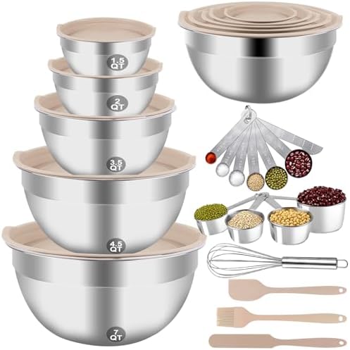 WEPSEN Mixing Bowls Set, 25PCS Khaki Mixing Bowls With Lids Set Stainless Steel Kitchen Large Nesting Metal Bowl 7QT to 1.5QT, Measuring Cups and Spoons for Prepping Cooking Serving by WEPSEN