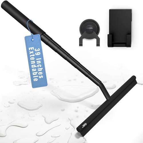 Telescopic Shower Squeegee Black - With Suction Hook & up to 100 cm I Shower squeegee for glass doors Cleaner squiggy for tile and walls Bathroom squeeze for door Long handle sweep & squeegees by BADIONA
