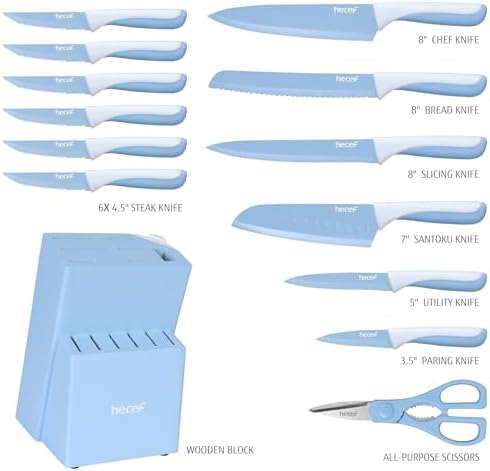 hecef 15 Pieces Kitchen Knife Block Set, Blue - Image 2