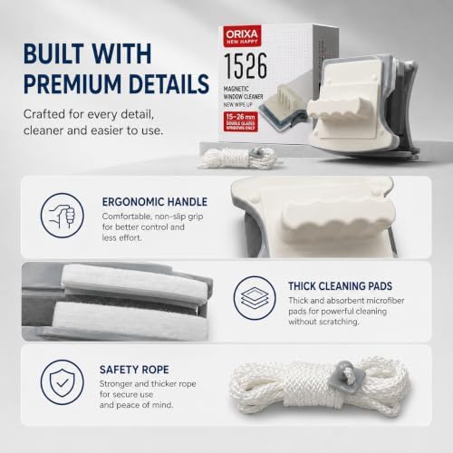 ORIXA Magnetic Window Cleaner, Double Sided Magnetic Glass Cleaning Tool for 15-26 mm Double Pane Windows, Inside Outside Washer with Safety Rope, Microfiber Pads and Squeegee - Image 5