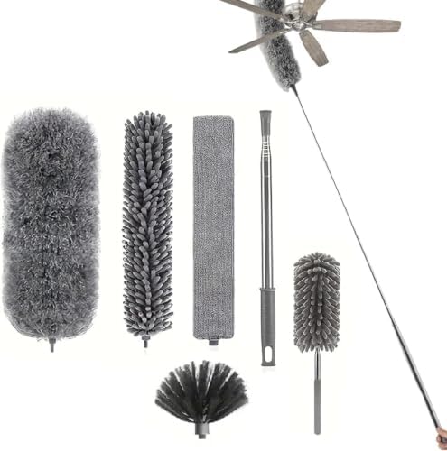 Microfiber Feather Duster Kit with 100” Extension Pole 6 PCS Reusable Bendable Washable Dusters for Cleaning Machine Washable Ceiling Fan Cleaner Duster for Cleaning Cobweb, Furniture, Blinds，Ceiling by JININQ