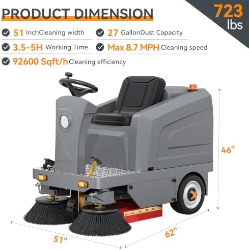 E8 51" Ride-On Commercial Floor Sweeper Machine, 27 Gal Hopper & 800W Motor - Image 2