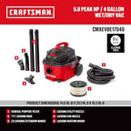 CRAFTSMAN CMXEVBE17040 4 Gallon 5.0 Peak HP Wet Dry Shop Vacuum - Image 3