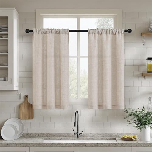 Linen 36 Inch Curtains for Kitchen Window Bathroom Bedroom 2 Panels by DUKIYO