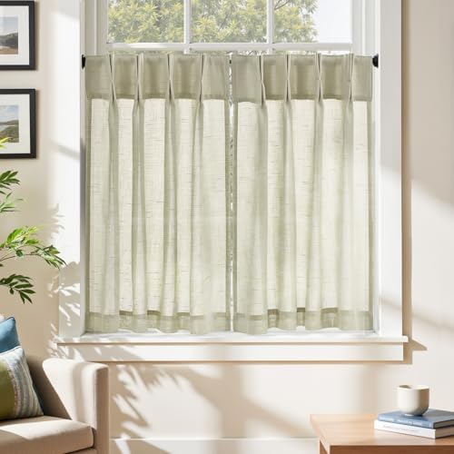 jinchan Linen Pinch Pleated Back Tab Tier Curtains, 26x36, Beige - Image 3