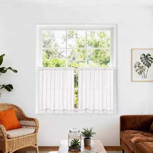 Off White Semi Sheer Linen Bathroom Curtains 36 Inch Long 2 Panels by DUKIYO