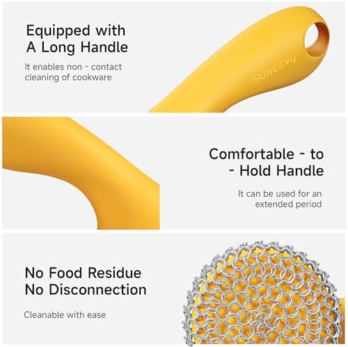SUBEKYU Cast Iron Scrubber with Silicone Handle, Stainless Steel Skillet Cleaner for Cast Iron Pans (Yellow Scrubber + Scraper) - Image 4