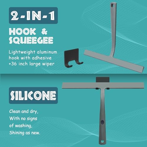 14 Inch Silicone Shower Squeegee for Glass Doors with Hook - Streak-Free Window Cleaner for Bathroom, Mirror, Tile & Car, No Scratch Squeegee with Metal Core (Gray - Image 4