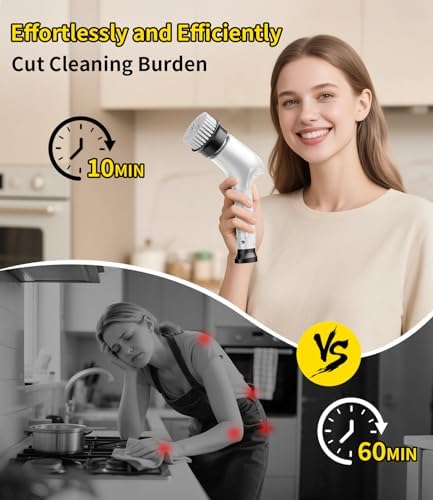 Electric Spin Scrubber, Cordless Household Cleaning Brush with 6 Replaceable Heads, 3 Speeds, LED Display, Lightweight Handheld Power Scrubber for Cleaning Stove/Bowl/Sink/Corner/Tile/Grout-White - Image 2
