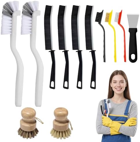 12Pcs Crevice Cleaning Brush Set, Hard Bristle Multi-Purpose Household Cleaning Tools for Kitchen Bathroom Tile Grout Window Track, Bamboo Pot Brush + Copper Wire Brush + Scraper by Unknown