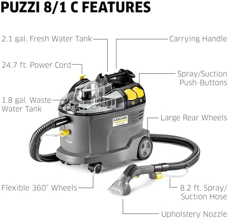 Kärcher Puzzi 8/1 C Commercial Carpet Extractor 12.5 PSI - Spot Cleaner, Stain Remover, Area Rugs, Car and Auto Detailing, Carpet and Upholstery Cleaner - Onboard Accessory Storage - 3.9 Gallon Tank - Image 3