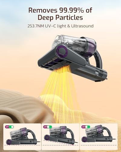Simple Deluxe Mattress Vacuum Cleaner, 18Kpa Bed Vacuum Cleaner with 253.7nm UV-C Light, HEPA Filter & Ultrasoni, 149℉ Heat, Triple-Cup Versatile Handheld Vacuums for Bed Sofa Carpets, Purple - Image 3