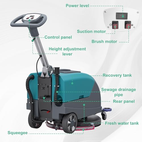 Walk-Behind Floor Scrubber Dryer with 16" Scrub Path, 24" Suction Width, 11-gal Sewage Tank, 10-Clear water tank, Foldable Walk Behind Hand Push Floor Scrubber 24000 Sqft/h - Image 7