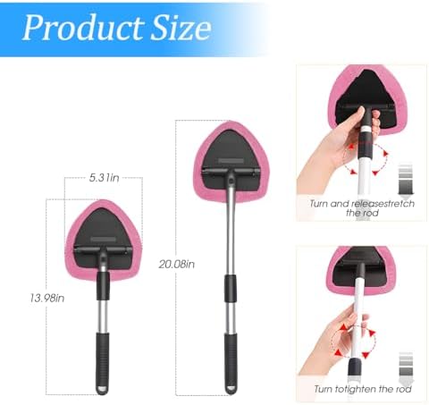Extendable Car Windshield Cleaning Tool with Microfiber Pads, Pink - Image 2