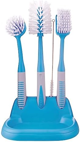 Dish Brush Set of 5 with Convenient Holder, Bottle Water Brush, Dish Scrub Brush, Scrubber Brush and Straw Brush - Kitchen Scrub Brushes Non Slip Long Handle for Sink Dishes Cup Pot by TrazonProducts