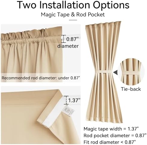Vatge Self-Adhesive French Door Curtains - No Drill Rodless Blackout Curtain for Glass Doors, 1 Panel, W25 x L72, Beige - Image 2