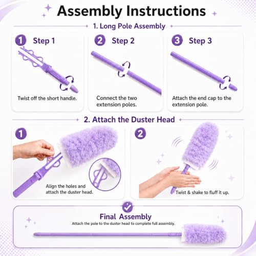 Duster Refills with Handle, 30 Count Disposable Dusting Brush Set, 360° Disposable Dusting Kit, Compatible with Swiffer Duster Handles for Daily Dust Cleaning, Blinds, Ceiling FA, Purple - Image 6