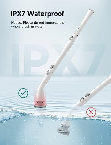 HiCOZY Electric Spin Scrubber HS1, Cordless Shower Scrubber for Cleaning with 4 Replaceable Brush Heads Adjustable Extension Handle, IPX7 Waterproof Cleaning Brush for Bathroom Floor White - Image 2