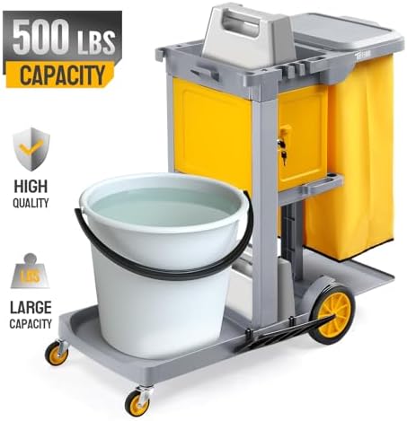 TUFFIOM Multifunctional Janitorial Cart with Key-Locking Cabinet,Cleaning Carts on Wheels,with 15 Gallon Collection Bag,500 lbs Capacity, Yellow&Gray - Image 7