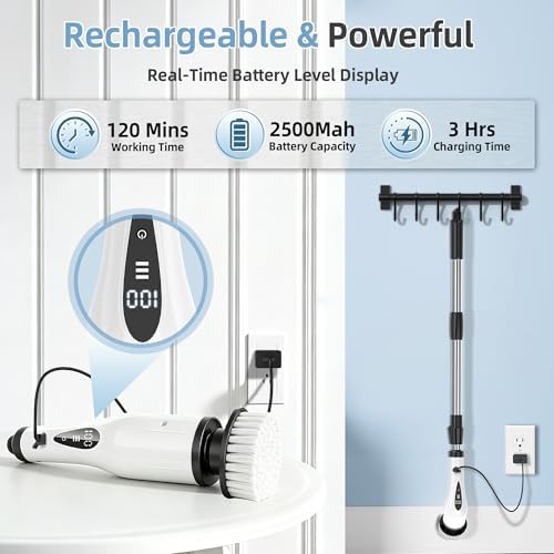 Electric Spin Scrubber, 3-Speed Flat End Brush with 8 Brush Heads & Base, IPX7 Waterproof, Adjustable Long Handle, Digital Display, 2500mAh Fast Charging, for Bathroom, Tub, Tile, Floor - Image 4
