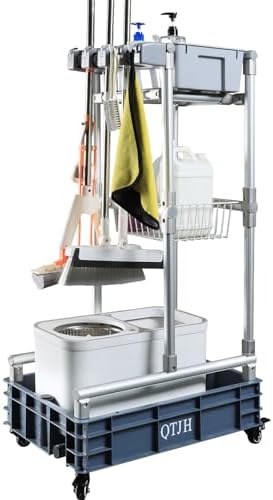 Rolling Cleaning Cart with Mop & Broom Organizer ， Convenient Storage Cart for Janitorial Supplies, Tools, and Cleaning Equipment ， Floor Cleaning Station with Wheels for Housekeeping, Garage &Garden by QTJH