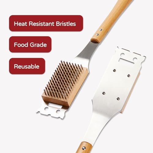 Pizza Oven Brush, 16.9 Inch Grill Cleaning Brush with Scraper, Stainless Steel Bristles with Beech Wood Handle, 2 in 1 Pizza Stones Brush, Ourdoor Pizza Oven Accessories, Heat Resistant - Image 4