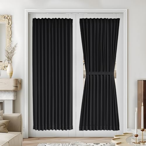 Vatge Black French Door Curtain - Thermal Insulated Thick Rod Pocket Blackout Drape for Glass/Patio/Sidelight/Sliding Door, 1 Panel, W54 x L72, Black by Vatge