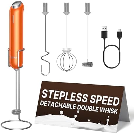 InstaWhisk Milk Frother with Variable Speed, Rechargeable Coffee Frother Wand with Detachable Double Whisk, Handheld Electric Stirrer for Latte, Cappuccino, Matcha, Almond Milk, Protein, Orange by Unknown
