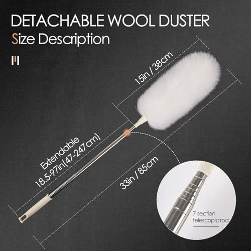 Extendable Lambswool Duster 29-110 Inch,Anti-Static Flexible Head, Stainless Steel Pole for Cleaning High Ceiling,Fan,Furniture,Roof Dusting - Image 2