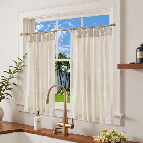 jinchan Linen Pinch Pleated Back Tab Tier Curtains, 38x45, Natural - Image 2