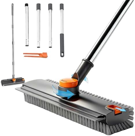 3 in 1 Floor Scrub Brush,Floor Scrubber with Squeegee and Tweezer, Push Broom with Long Handle,Heavy-Duty Stiff 90° Bristle Broom for Patio,Shower, Garage,Deck,Tile, Concrete & Wood Surface by Unknown
