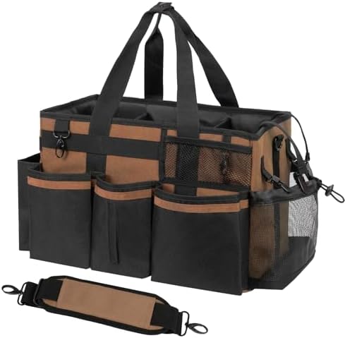 SCAVATA Wearable Cleaning Caddy, Cleaning Caddy Supplies Organizer with Handle & Shoulder Straps for Housekeepers, Under Sink & Car Cleaning Tool Organizers Bag with 4 Foldable Divider (Brown) by Tidyyourlife