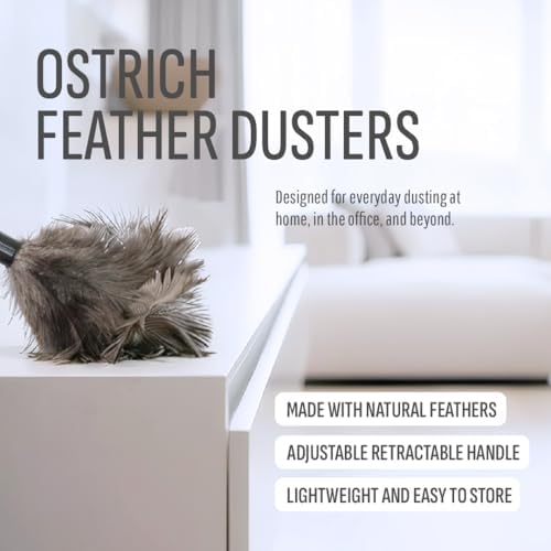 Retractable Feather Duster 8-14 in Adjustable - Natural Ostrich Feather Duster for Cleaning Ceiling Fans, Blinds, Plantation Shutters, Walls & Furniture - Quality Checked in USA - 2 Pack - Image 2