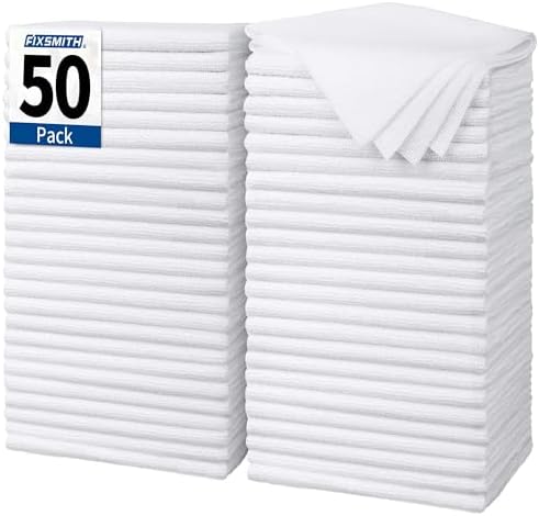 FIXSMITH White Microfiber Cleaning Cloth, Pack of 50, 16"X12" Cleaning Rags for Housekeeping and Kitchen, Reusable Shop Towels, Microfiber Towels for Cars, Lint Free, Scratch-Free, Highly Absorbent by FIXSMITH