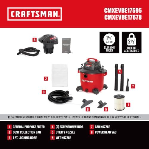 CRAFTSMAN 16 Gal. 6.5 Peak HP and 1.75 Peak HP Powerhead Vacuum Bundle - Image 3